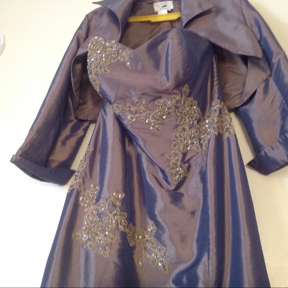 Formal beaded strapless gown with cropped jacket